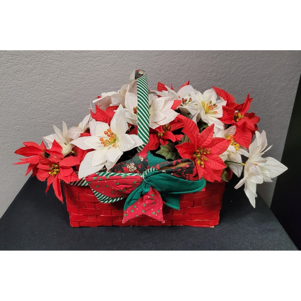 Christmas Poinsettia Floral Arrangement in Red Woven Basket w/ Holiday Bow Read